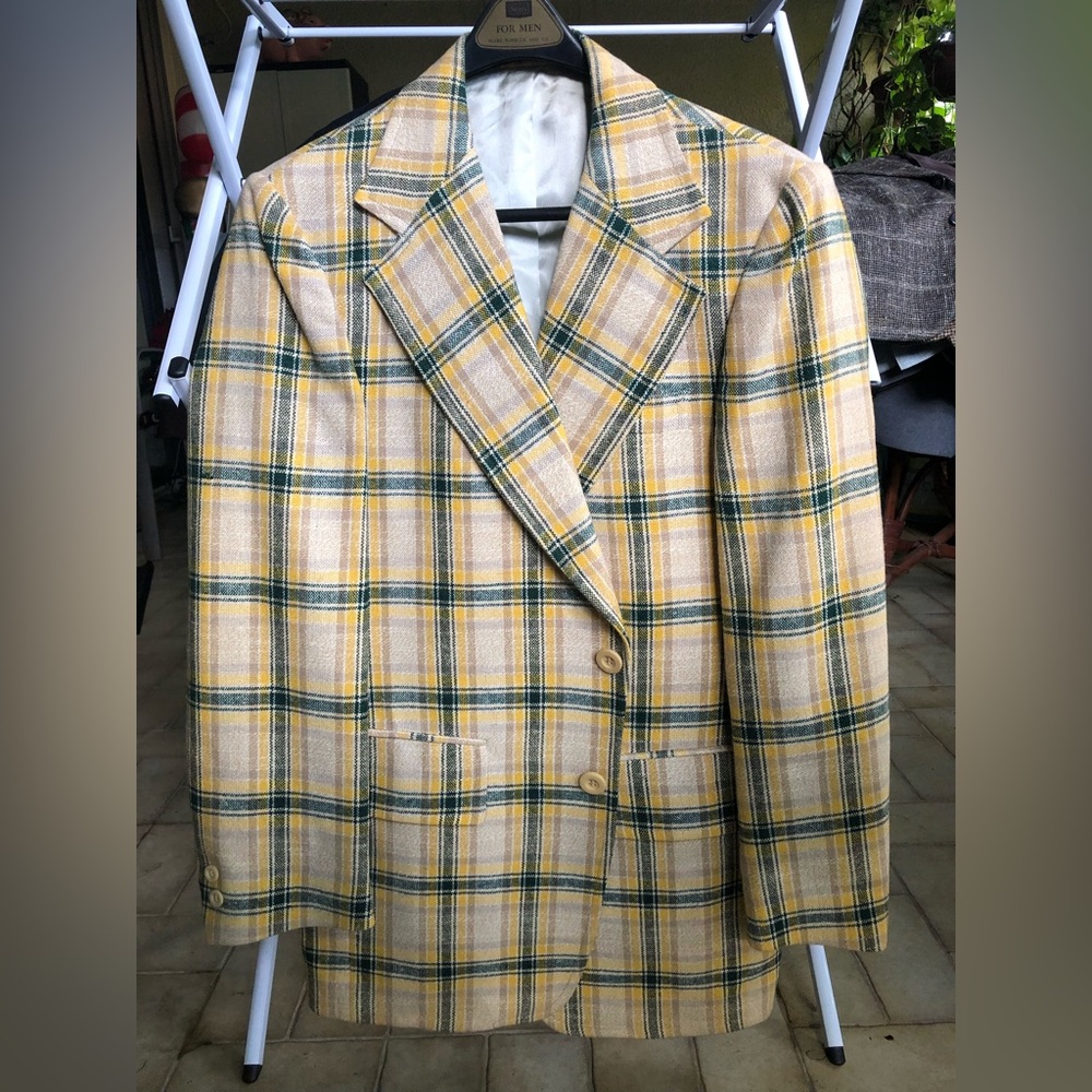Stanley Blacker Yellow Plaid Suit Jacket, Size 44R